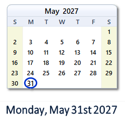 May 31, 2027 calendar