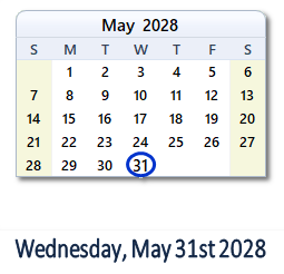 May 31, 2028 calendar