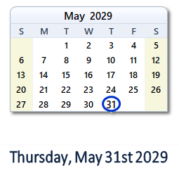May 31, 2029 calendar