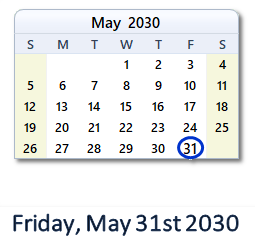 May 31, 2030 calendar