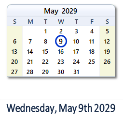 May 9, 2029 calendar