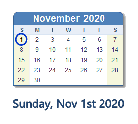 November 1, 2020 calendar