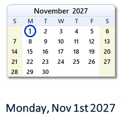November 1, 2027 calendar