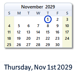 November 1, 2029 calendar