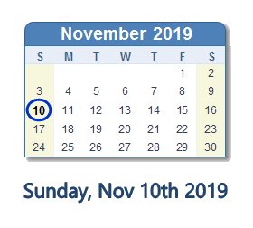 November 10, 2019 calendar