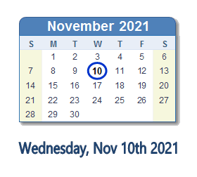 November 10, 2021 calendar