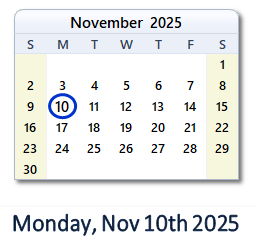 November 10, 2025 Calendar with Holidays & Count Down - USA