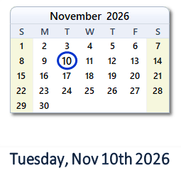 November 10, 2026 calendar