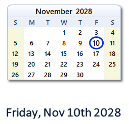 November 10, 2028 calendar