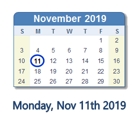 November 11, 2019 calendar