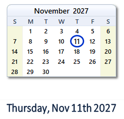 November 11, 2027 calendar