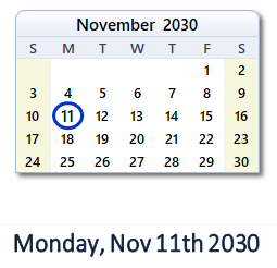 November 11, 2030 calendar