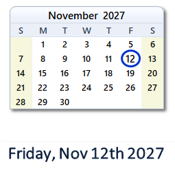 12 November 2027 calendar