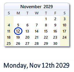 November 12, 2029 calendar