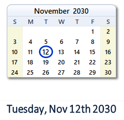 November 12, 2030 calendar