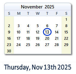 13 November 2025 calendar