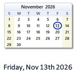 November 13, 2026 calendar