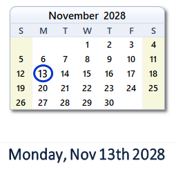 November 13, 2028 calendar