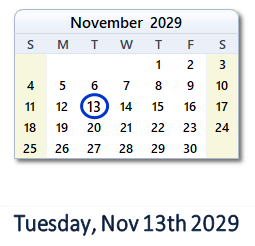 November 13, 2029 calendar