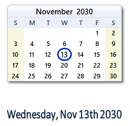 November 13, 2030 calendar
