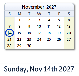November 14, 2027 calendar