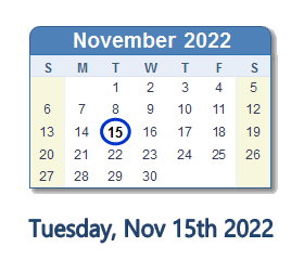 15 November 2022 calendar