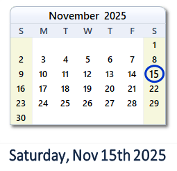 15 November 2025 calendar