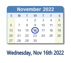 16 November 2022 calendar