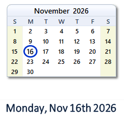16 November 2026 calendar