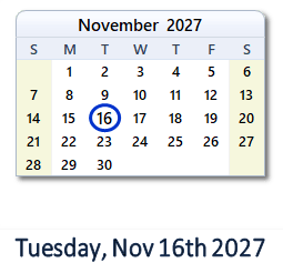 November 16, 2027 calendar
