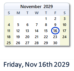 November 16, 2029 calendar