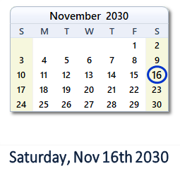 November 16, 2030 calendar