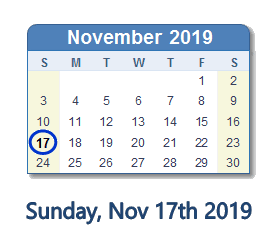 November 17, 2019 calendar