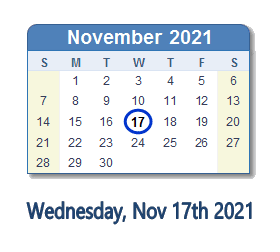 November 17 2021 Calendar With Holidays Count Down Usa