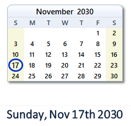 November 17, 2030 calendar
