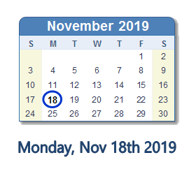 November 18, 2019 calendar