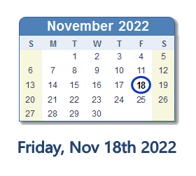 18 November 2022 calendar