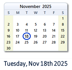 18 November 2025 calendar