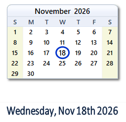 November 18, 2026 calendar