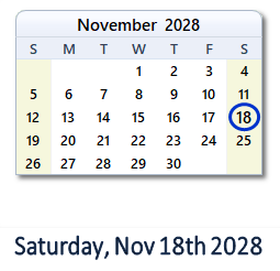 November 18, 2028 calendar