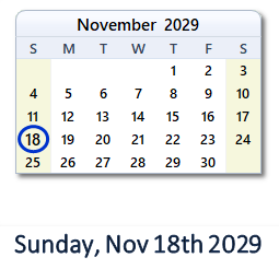 November 18, 2029 calendar