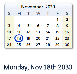 November 18, 2030 calendar