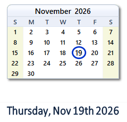 19 November 2026 calendar