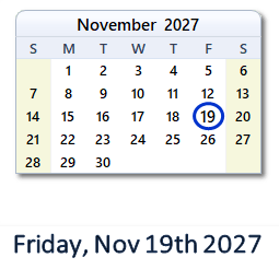 November 19, 2027 calendar