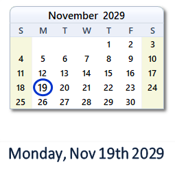 November 19, 2029 calendar