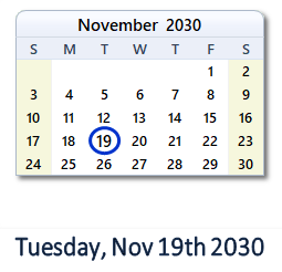 November 19, 2030 calendar