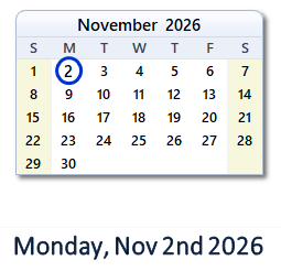 2 November 2026 calendar
