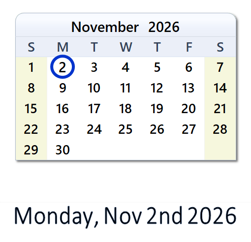 November 2, 2026 Calendar with Holidays & Count Down - USA