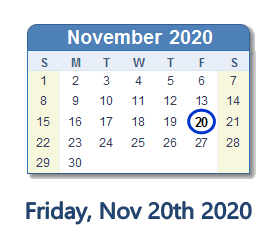 November 20, 2020 calendar