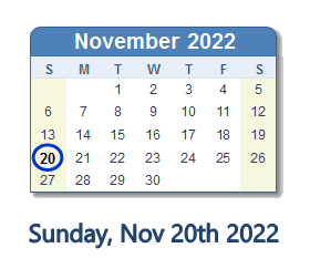20 November 2022 calendar